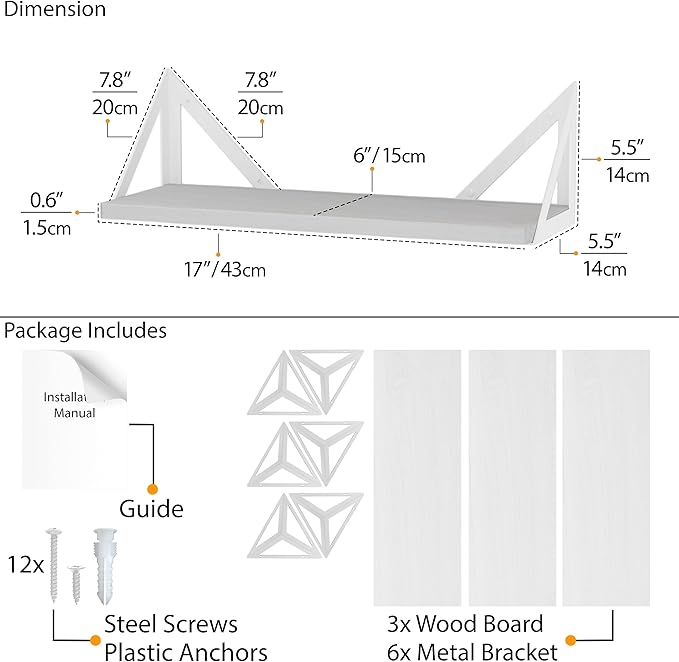 Wallniture Minori Washed White Floating Shelves for Wall Storage, Bathroom Shelves Over The Toilet Storage, Wood Wall Shelf Set of 3 with White Brackets