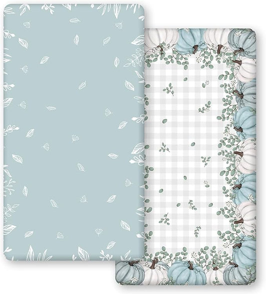 Horaldaily 2 Pack Fitted Crib Sheet for Boys Girls,Soft Breathable Washable Jersey Microfiber Baby Crib Sheet, Fits Standard Size Crib Mattress 28in x 52in, Floral Pumpkin Nursery Sheet White/Blue