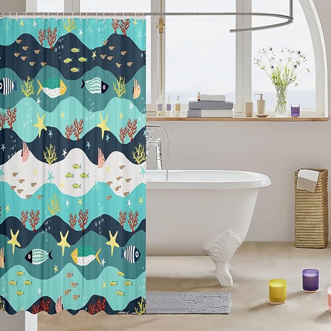 Feelyou Cartoon Fish Shower Curtain 72"x84" Kids Marine Life Sea Bathroom Shower Curtain Set for Boys Girls Teens Ocean Marine Themed Bath Curtain Summer Sea Starfish Bathroom Accessories