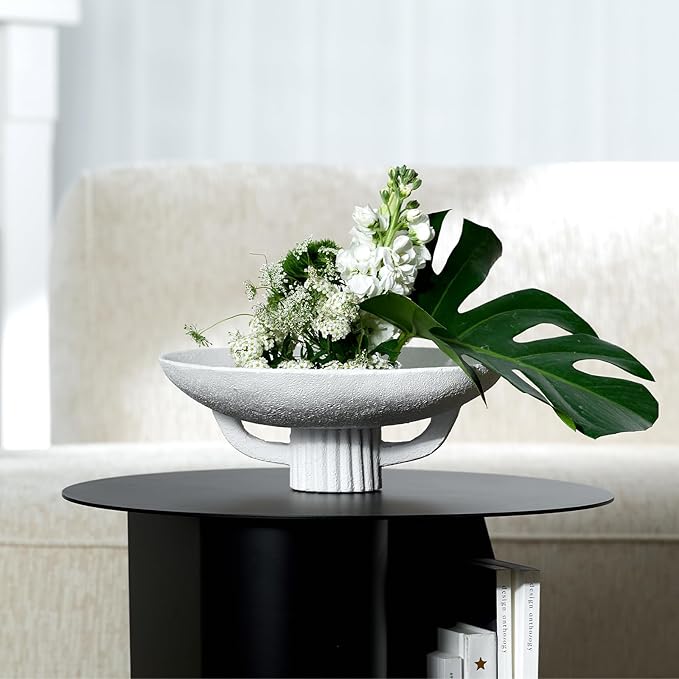 White Resin Decorative Bowl for Boho Modern Home Decor, 11.2" Large Elegant Pedestal Kitchen Fruit Bowl/Key Holder/ Potpourri for Entryway Table, Coffee Table, Dining Room,Table Centerpiece Bowl