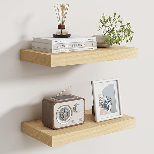 Floating Shelves for Wall, Real Wood Floating Shelf Set of 2, 8 Inch Deep Floating Shelves, Rustic Wood Wall Shelf for Home Decor, Deep Storage Shelves for Bathroom, Kitchen, 16"W x 8"D, Natural Color