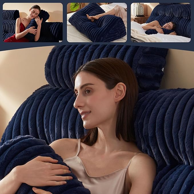 Faux Fur Headboard Pillow with 2 Pack Neck Roll Pillow Large Headboard Pillow Soft and Supportive with Removable Cover (Blue, King)