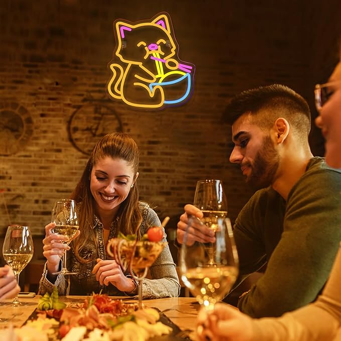Cat Ramen Neon Sign for Wall Decor Dimmable Led Lights Signs Cat LED Signs for Home Bar Yellow Noodles Neon Light Room Decor for Bedroom Kitchen Restaurant Gift USB Powered