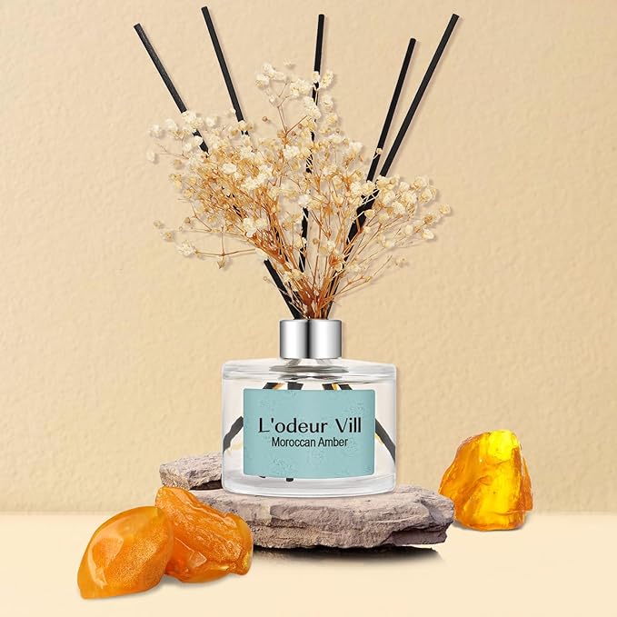 L'odeur Vill Reed Diffuser Set, 6.7 oz(200ml) Moroccan Amber Scented Diffuser with 6 Oil Diffuser Sticks, Home Fragrance Essential Oil Reed Diffuser for Home Large Rooms Bathroom Shelf Decor