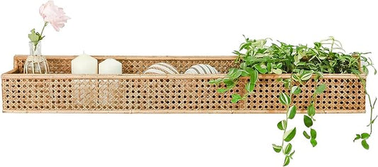 Boho Long Rattan Wall Shelf Farmhouse Woven Wall Mounted Shelf Basket Organizer Storage Rustic Floating Hanging Wall Shelf for Livingroom Home Decor