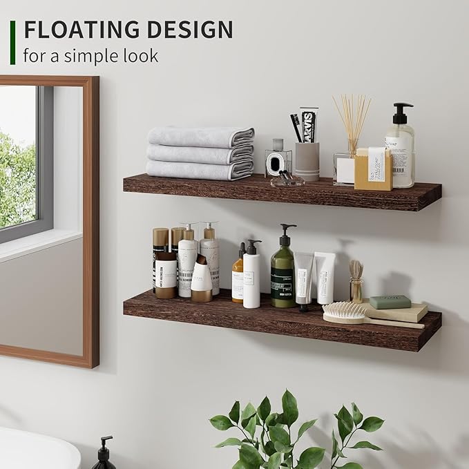 Marsmiles Wood Floating Shelves for Wall Set of 2, 24 Inch Wide Rustic Wooden Floating Shelves, Invisible Wall Mounted Display for Living Room Bedroom Kitchen Bathroom Office, Weathered