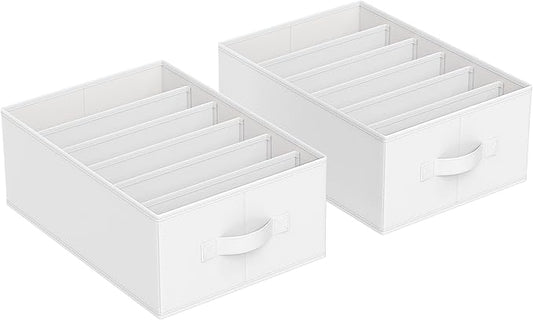 SONGMICS Set of 2 Large Size Wardrobe Clothes Organizers, 6-Compartment Foldable Drawer Organizers with Handles, 16.5 x 11.8 x 6.7 Inches, for Pants, Sweaters, Jeans, Cloud White URUS009W02