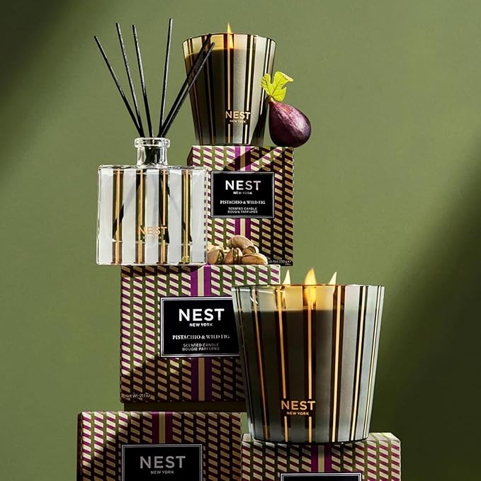 NEST New York Reed Diffuser, Pistachio & Wild Fig - 5.9 fl oz - Fragrance for Up to 90 Days - Reusable, Refillable Glass Holder - Includes 8 All-Natural Reed Sticks - Flame Free