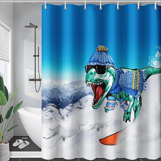 AILONEN Dinosaur Shower Curtain for Boys,Snow Wolf Shower Curtain, 36" W*72" H Waterproof Dino and Wolf Animals Themed Decor Bathroom with Grommets and Hooks