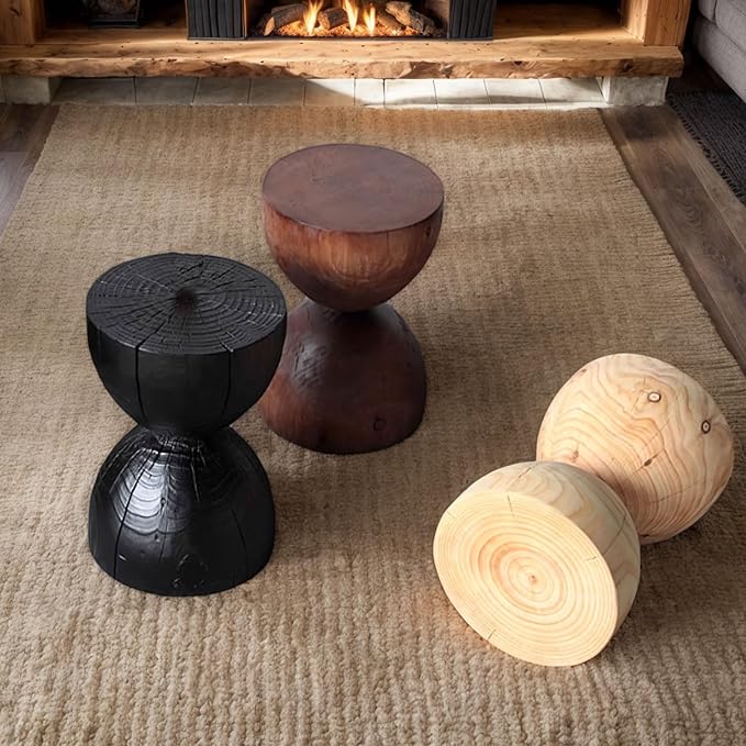 Natural Wooden Pillar Side Table – Round Tree Wood Drum-Shaped Coffee Table, Side Table for Balcony, Courtyard, Garden, Living Room Decoration – Modern Stool Design, Stable Base(Color:Black)