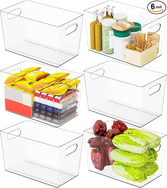6 Pack Clear Plastic Storage Bins for Freezer,Pantry Storage Containers,11″ Large Snack,Food Storage Bins with Handle for Shelves,Refrigerator,Kitchen,Cabinet,Acrylic Bins for Cleaning Supply Storage