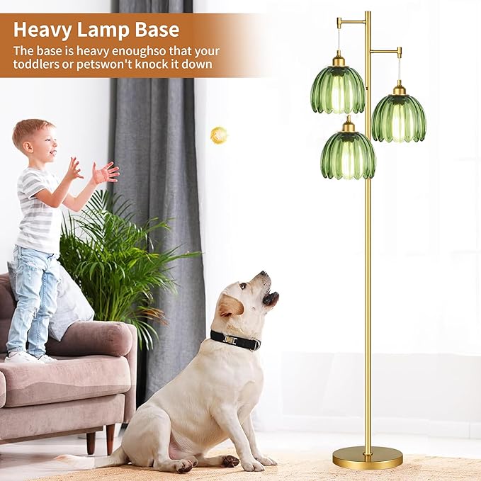 Gold Floor Lamp for Living Room Bedroom,Modern Tree Floor Lamps with Green Glass Shades,68IN Tall Standing Lamp with Bulbs,3 Lights Mid Century Vintage Floor Lamp for Corner Office Reading