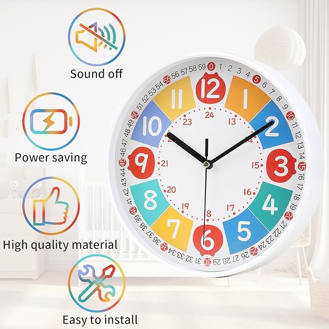 Wall Clock Modern Colorful Kid's Clock Small Silent Analog Round Simple Quiet Quartz Black Wall Clocks Battery Operated Non Ticking for Bathroom Office Garage School Colorful 9 Inch