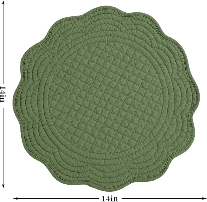 HOMBYS Quilted Placemats Set of 6 Washable Round Placemats for Kitchen Table-100% Cotton Fabric 13 Inch Round Table Mats, Cotton Fabric with Microfiber Filling (13"x13", Emerald Green)