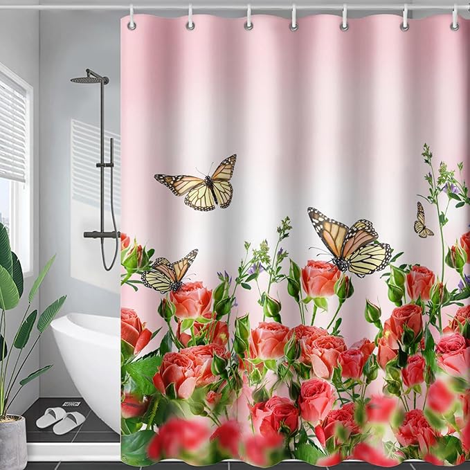 AILONEN Butterfly Shower Curtain for Bathroom, Red Flower Bath Curtain,Flying Butterfly Bathroom Curtain,Polyester Waterproof Bathroom Decor Curtain with 12 Plastic Hooks(72" W*78" H)