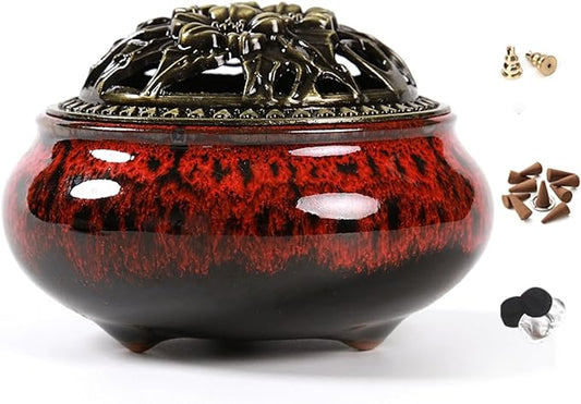 Ceramic Incense Burner with Incense Stick Holder + Insulation use for Stick or Coil Incense, Sage Cones and Frankincense (Fambe Red)