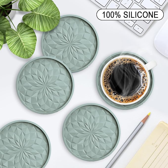 ME.FAN Silicone Coasters with Holder,[6 Pack] Drinking Coasters - Cup Mat for Hot or Cold Drinks, Thickened, Non-Slip, Non-stick,Deep Tray Desert Sage