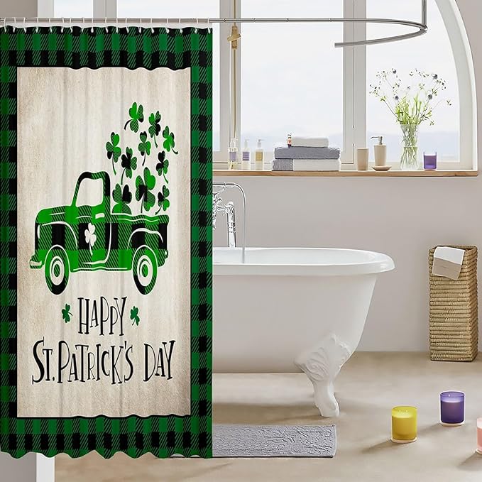 Manfei Happy St. Patrick's Day Kids Shower Curtains,Cartoon Truck Leaf Irish Bathroom Curtains for Girls Boys,Geometric Grids Patchwork Green Retro Waterproof Curtains,12 Hooks Suits,72" W x 72" L