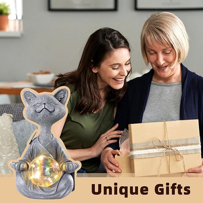 Solar Garden Decor Statues 7" Resin Cat Figurines with Glass Ball Waterproof Cat Decor for Outside Yard Patio Porch Decoration Gift for Mom Grandma