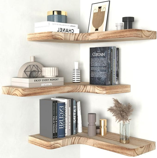 SAUMONIERES Corner Floating Shelves Wall Mount Shelf Solid Wood for Bedroom Bathroom Room Kitchen Storage Set of 3, Rustic Torched, Invisible Brackets