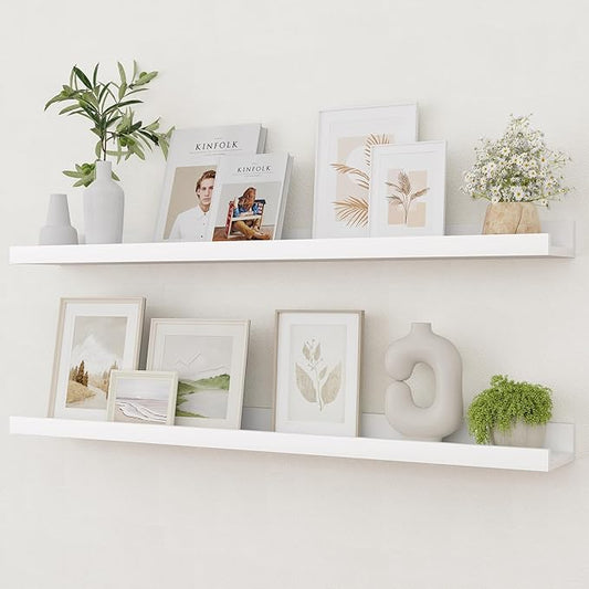Picture Ledge Shelf, Solid Pine Wood Rustic Floating Shelves for Wall, 36 Inch Long Floating Shelves with Lip for Bedroom Kitchen Living Room Nursery Display-Set of 2 (White)