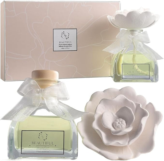 Reed Diffuser Set, Pretty Valley Home Diffuser Gypsum Flower Oil Rose Petals 120Ml / 4.05fl OZ Gift Box for Bathroom Office Bathroom Living Room Decor (Beautiful)