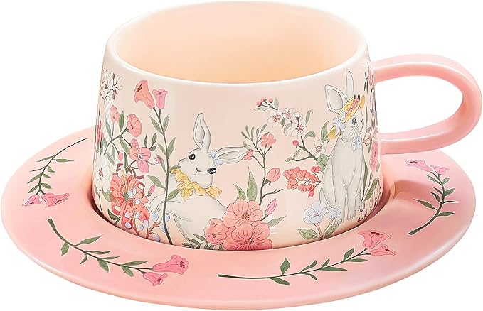 Cute Ceramic Coffee Mug with Saucer Set, 9oz Rabbit Pink Tea Cup with Floral Design, Latte Art Mugs for Coffee Tea Hot Chocolate, Gift for Women, Mom, Friend, Mothers Day Gifts