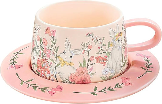 Cute Ceramic Coffee Mug with Saucer Set, 9oz Rabbit Pink Tea Cup with Floral Design, Latte Art Mugs for Coffee Tea Hot Chocolate, Gift for Women, Mom, Friend, Mothers Day Gifts