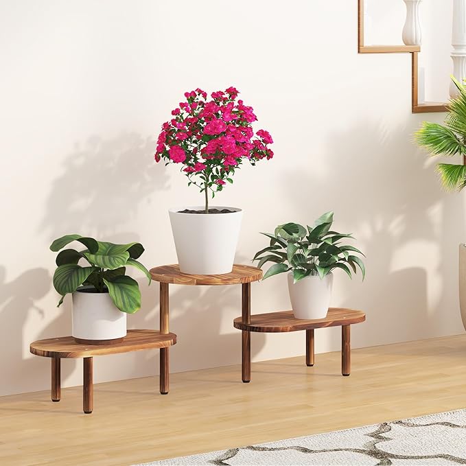 Convex Plant Stand Indoor,3 Tier Wooden Plant Holder Deformable Long Flower Pot Stand Corner Low Plant Shelf for Patio Balcony Living Room Office