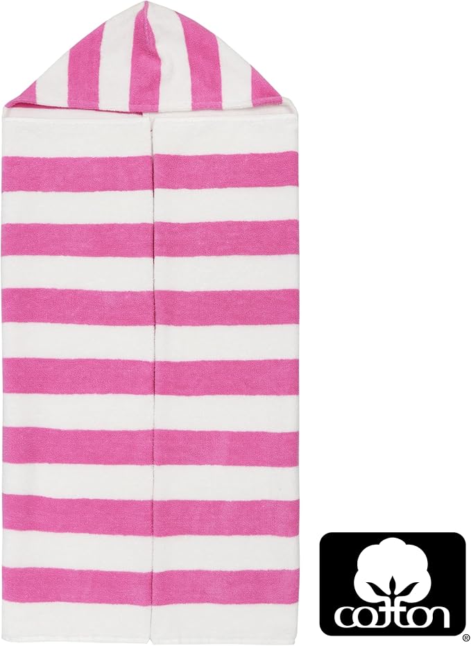 Hooded Bath Towel Wrap - 100% Cotton Terry Large Oversized Hooded Kids Towel - Toddler Shower Pool Beach Towel - Soft Plush Absorbent Quick Dry Easy Care Gift -30x60- Cabana Stripe Pink