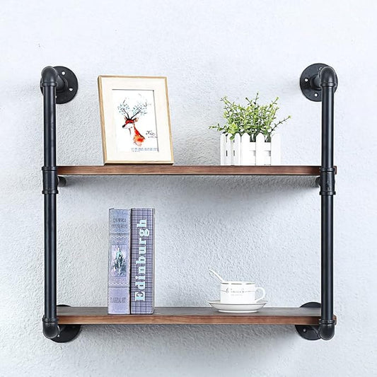 Industrial Pipe Shelving Wall Mounted,24in Rustic Metal Floating Shelves,Steampunk Real Wood Book Shelves,Wall Shelf Unit Bookshelf Hanging Wall Shelves,Farmhouse Kitchen Bar Shelving(2 Tier)