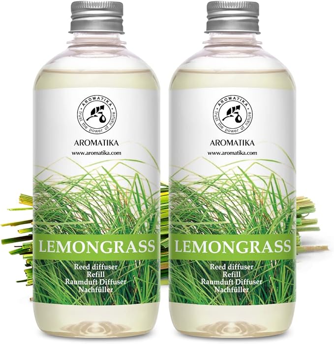Lemongrass Diffuser Refill 34 Fl Oz (2x17 Fl Oz) - Fresh & Long Lasting Fragrance - Refill with Natural Essential Lemongrass Oil - for Aromatherapy - Spa - Home - Reed Diffuser Oil Refill Lemongrass