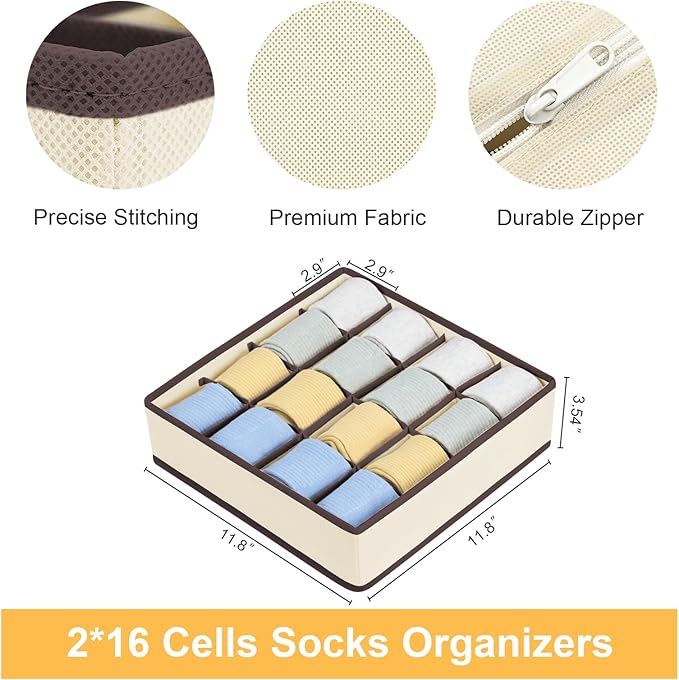 Joyoldelf Sock Drawer Organizer Divider Underwear Organizer 16-cell Fabric Dresser Drawer Organizers Storage Boxes for Socks Lingerie, Handkerchiefs, Ties (Beige)