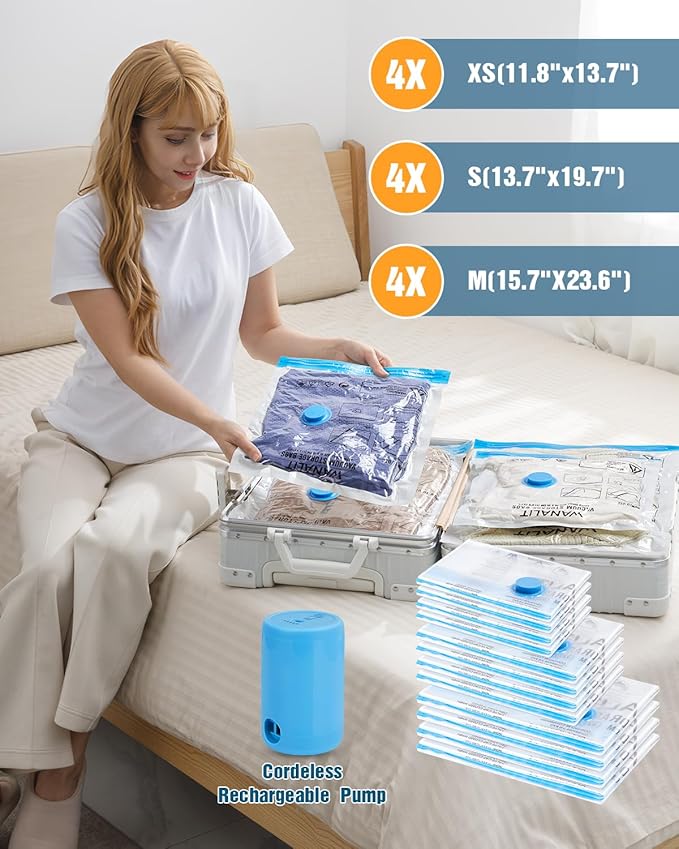 Vacuum Storage Bags for Travel, 12 Pack (4M+4S+4XS) Vacuum Seal Bags with Wireless Rechargeable Electric Pump, Travel Essentials Space Saving Bag for Clothes, Luggage, Carry-on Suitcase, Backpack
