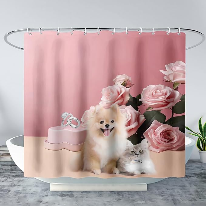 AILONEN Girls Pink Shower Curtain for Bathroom, Rose Flower and Cute Kawaii Dog Cat Pattern Bathroom Decor 72" W*96" H Bath Curtain Polyester Waterproof Shower Curtain with 12 Hooks