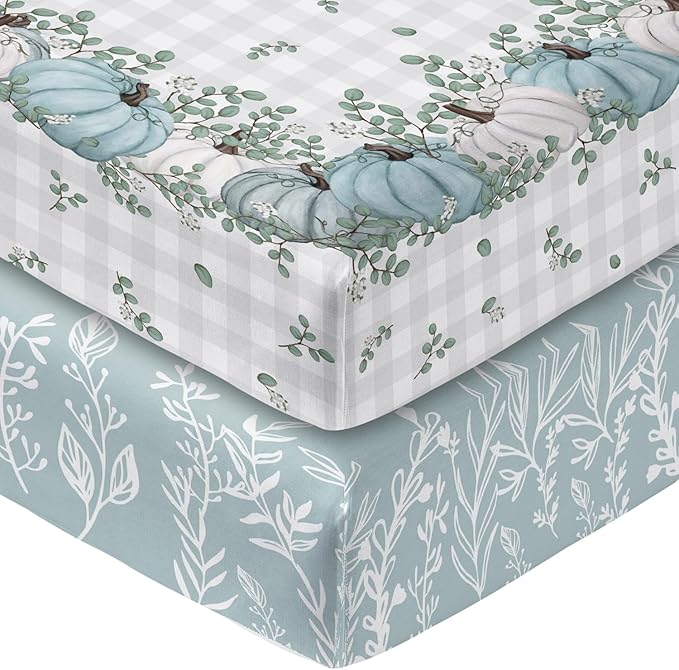 Horaldaily 2 Pack Fitted Crib Sheet for Boys Girls,Soft Breathable Washable Jersey Microfiber Baby Crib Sheet, Fits Standard Size Crib Mattress 28in x 52in, Floral Pumpkin Nursery Sheet White/Blue