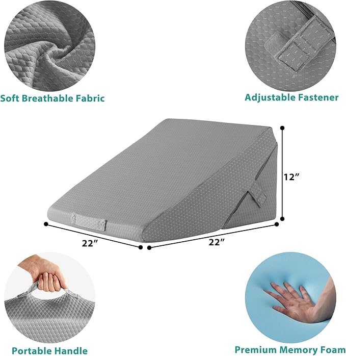 Wedge Pillow for Sleeping, Adjustable 9&12 Inch Foldable Bed Wedge Pillow Set, Orthopedic Memory Foam Triangle Pillow Wedge, 7-in-1 Elevated Pillows for Leg and Back Support, Grey