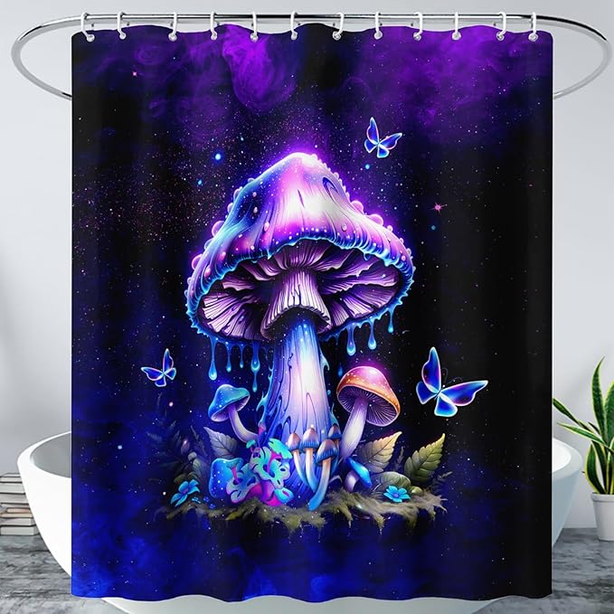 AILONEN Magic Mushroom Shower Curtain,Blue Butterfly Waterproof Fabric Bath Curtain for Kids Girl,Boho Style Shower Curtain Set for Bathroom,Natural Fungal Shower Curtain with Hooks 48" W*72" H