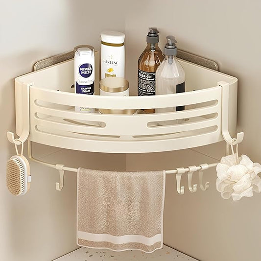 Corner Triangle Shower Shelves with Connecting Rods and 6 Hooks, Drilled or Non-Drilled Rust Resistant Storage Shelf for Bathroom, Kitchen, Wall Mounted Storage Shelf (1 Pack, White)
