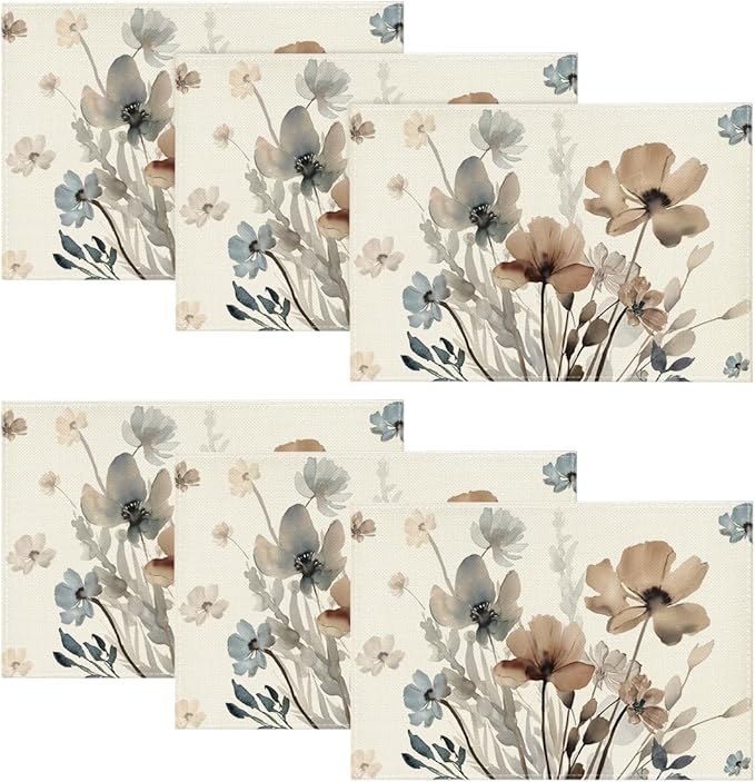 Artoid Mode Brown Poppy Floral Leaves Placemats Set of 6, 12x18 Inch Seasonal Summer Table Mats for Party Kitchen Dining Decoration