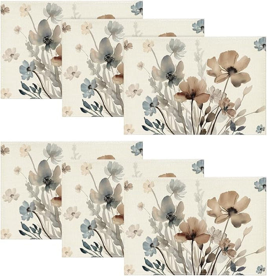 Artoid Mode Brown Poppy Floral Leaves Placemats Set of 6, 12x18 Inch Seasonal Summer Table Mats for Party Kitchen Dining Decoration