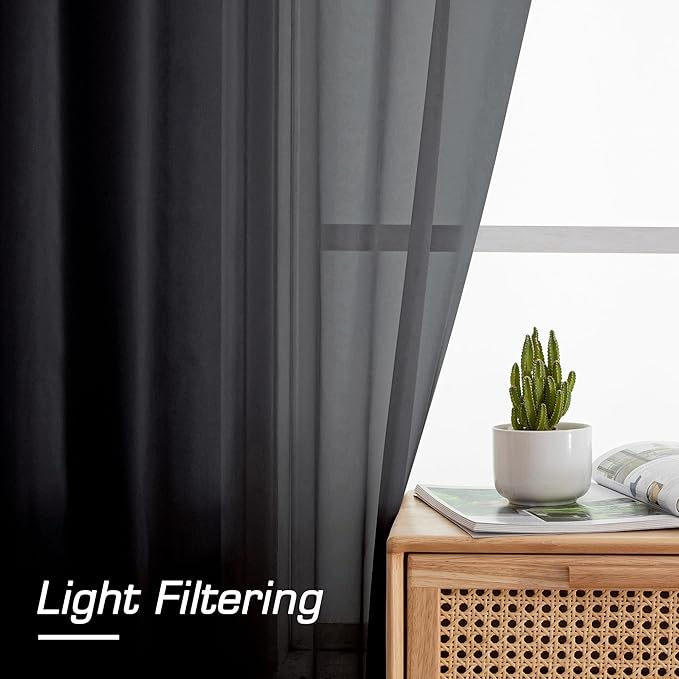 Aiyufeng Black Sheer Curtains 90" Long for Living Room Windows, Voile Sheer Casual Light Filtering Window Curtain Drapes for Bedroom, 42" Wide, Set of 2