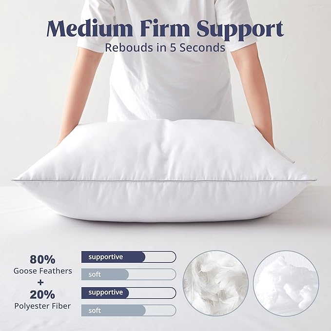 puredown® Goose Feathers Bed Pillows, 100% Cotton Cover, Standard Size Hotel Collection Pillows Set of 2 for Sleeping with Silver Piping, Feather and Polyester Filling