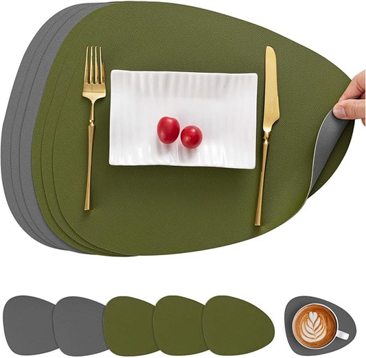 Myir JUN Placemats, Dual-Sided Placemats Waterproof Faux Leather Placemats Set of 6 Place Mats and Coasters Non-Slip Washable Table Mats for Dining Table (Gray Green, Set of 6)