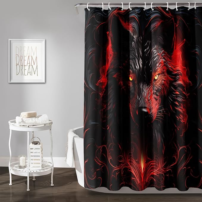 AILONEN 3D Black Wolf Shower Curtain Set,Fire Wolf Head Bathroom Curtain for Kids Girls Boys,Boho Style Shower Curtain,Wild Animal Shower Curtains for Bathroom Decor, 36" W*72" H
