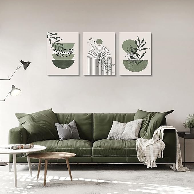 Sage Green Wall Posters & Prints, Green Boho Wall Art Set of 3, Minimalist Framed Wall Art Geometric Line Leaf Sun Moon Beige Green Canvas Artwork Paintings