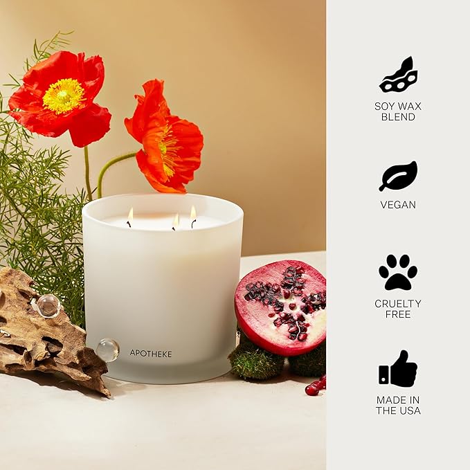 Apotheke 3-Wick Scented Candles for Home, Apricot Red Currant - 26 oz Long-Lasting Soy Wax Jar Candle, 120-140 Hours Burn Time - Notes Red Currant, Grapefruit, Pomegranate & Hint of Sandalwood