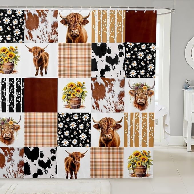Feelyou Highland Cow Shower Curtain 72"x78" Kids Cowboy Cow Fur Bathroom Shower Curtain Set for Boys Girls Teens Farm Geometric Stripes Bath Curtain Daisy Sunflower Bathroom Accessories
