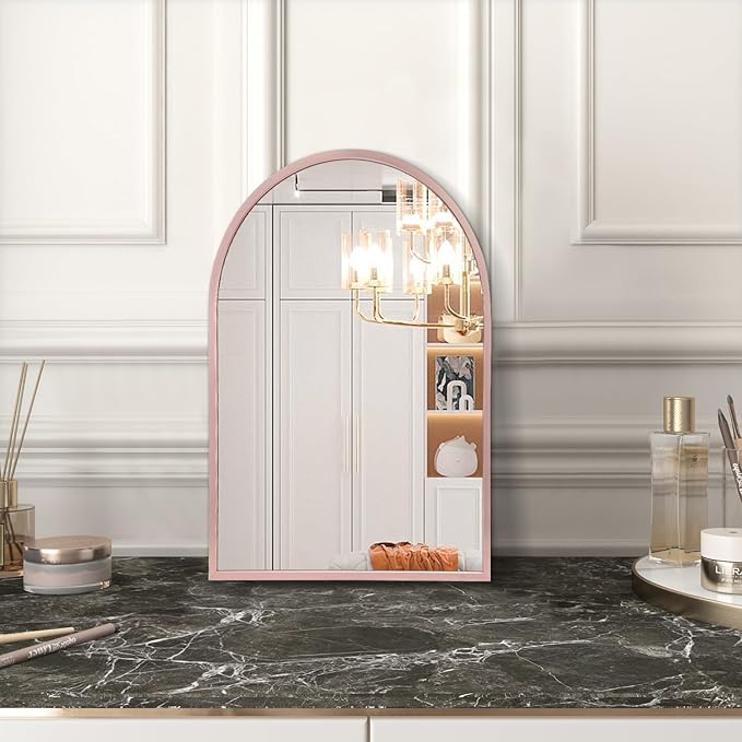 Arch Bathroom Mirror, Brushed Metal Framed Wall Mounted Mirror, Aluminum Alloy Vanity Wall Mirror for Bedroom, Entryway, Living Room Entryway Home Decor 16"x12" Rose Gold