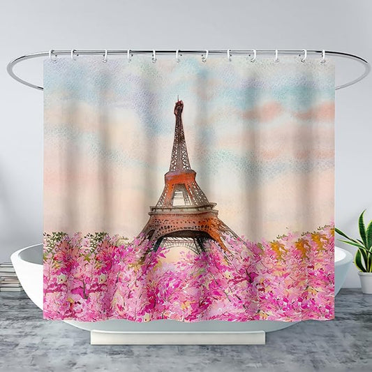 AILONEN Paris Tower Shower Curtain,Romantic Tower Theme Waterproof Fabric Shower Curtain Set for Girls Kids Teens, 36" W*72" H Pink Flowers Dreamy Eiffel Tower Shower Curtain